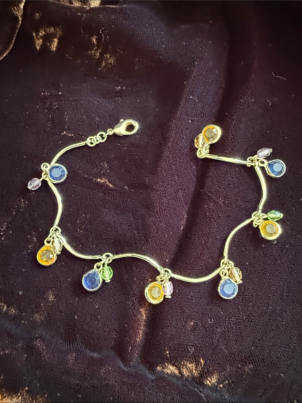 Gold-Tone Multi-Stone Charm wavy bar link chain Bracelet - Blue, Yellow, Green
